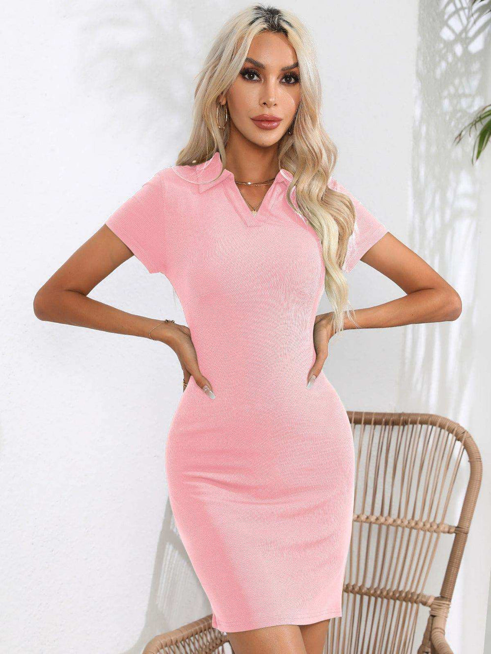Johnny Collar Short Sleeve Bodycon Dress - Trendsi - Flyclothing LLC