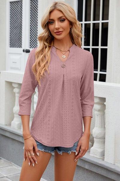 Eyelet Notched Knit Jacquard Top - Trendsi