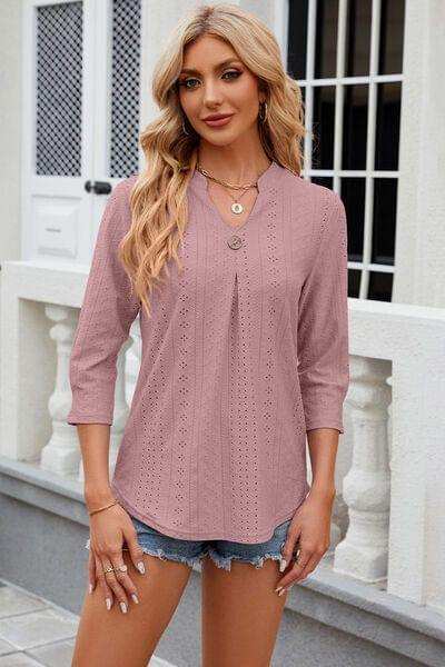 Eyelet Notched Knit Jacquard Top - Trendsi - Flyclothing LLC
