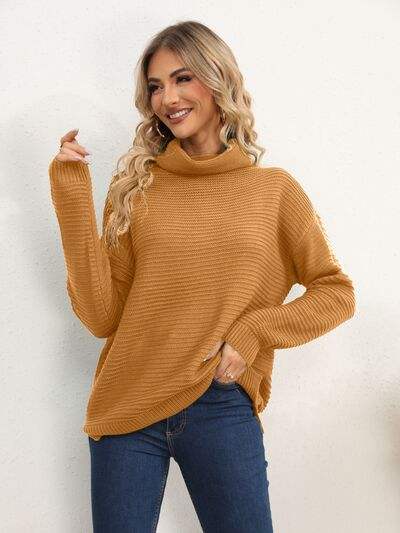 Slit Turtleneck Dropped Shoulder Sweater - Trendsi - Flyclothing LLC