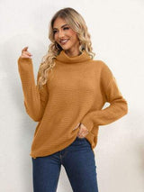 Slit Turtleneck Dropped Shoulder Sweater - Trendsi - Flyclothing LLC