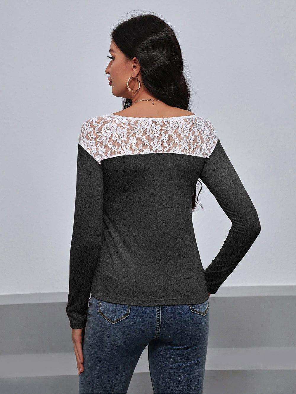 Lace Trim Long Sleeve Round Neck Tee - Trendsi - Flyclothing LLC