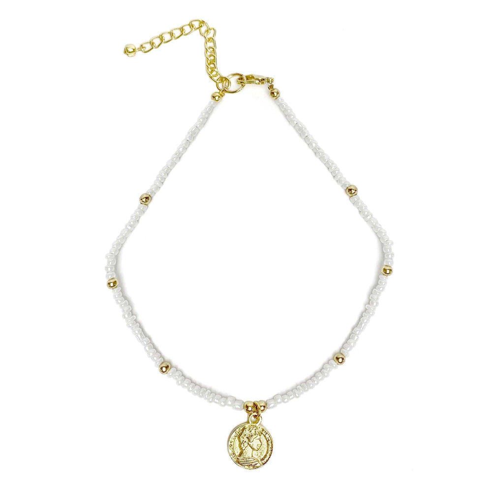 White Glass Bead Choker with Brass Coin Pendant - Asha Handicrafts