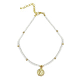 White Glass Bead Choker with Brass Coin Pendant - Asha Handicrafts