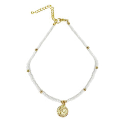 White Glass Bead Choker with Brass Coin Pendant - Flyclothing LLC