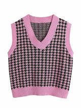Houndstooth V-Neck Sweater Vet - Trendsi - Flyclothing LLC