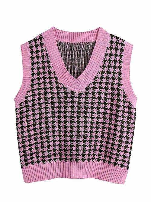 Houndstooth V-Neck Sweater Vet - Trendsi - Flyclothing LLC