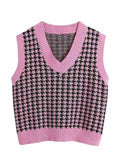 Houndstooth V-Neck Sweater Vet - Trendsi - Flyclothing LLC