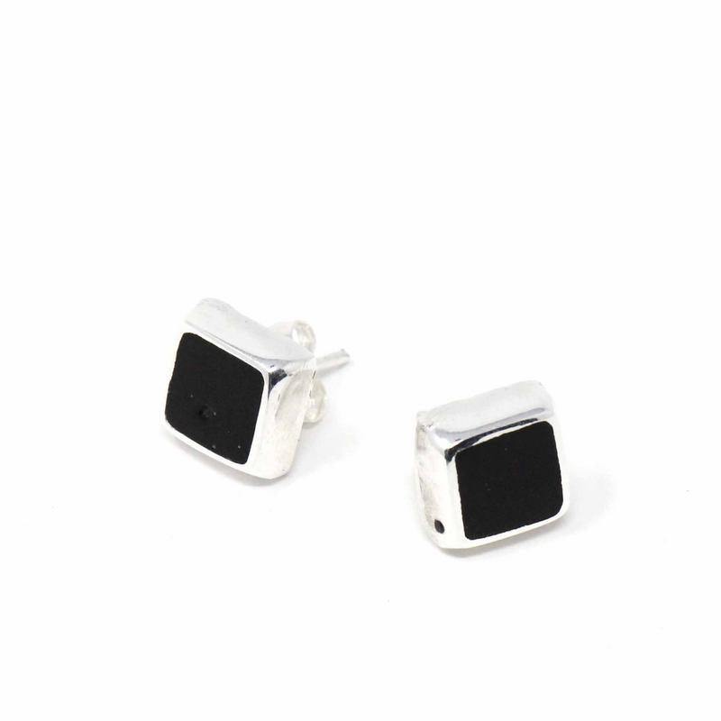 Sterling Silver Earrings, Sterling Silver Black Square - Artisana