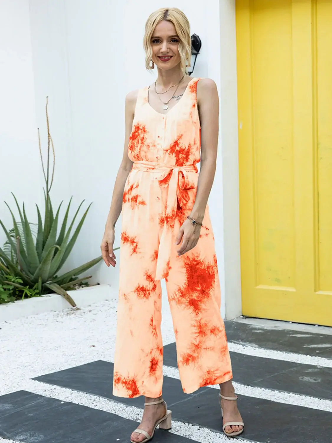 Tie-Dye Tie Waist Sleeveless Jumpsuit - Trendsi - Flyclothing LLC