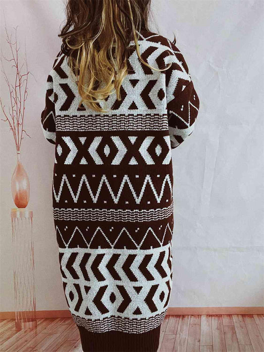 Geometric Button Front Longline Cardigan - Trendsi