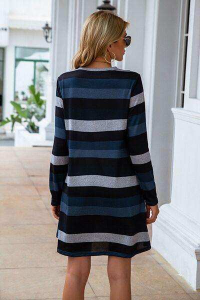 Striped Round Neck Long Sleeve Dress - Trendsi - Flyclothing LLC
