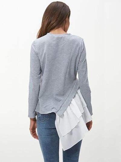 Tiered Contrast Round Neck Long Sleeve T-Shirt - Trendsi - Flyclothing LLC