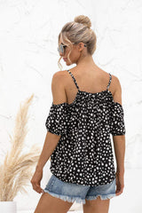 Printed Cold-Shoulder Frill Trim Blouse - Trendsi - Flyclothing LLC