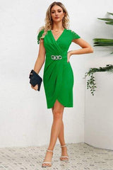Ruched Surplice Cap Sleeve Mini Dress - Trendsi - Flyclothing LLC
