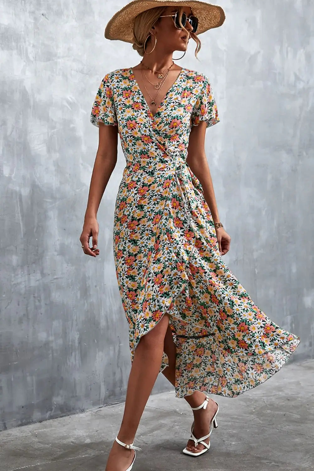 Floral Surplice Neck Tied Midi Dress - Trendsi - Flyclothing LLC