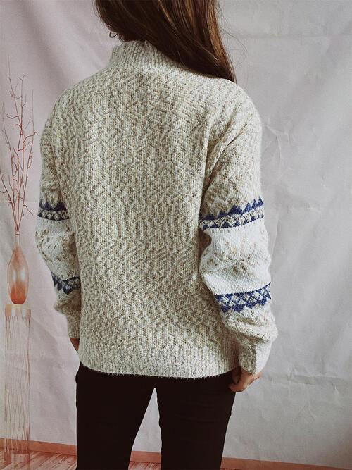 Geometric Mock Neck Dropped Shoulder Sweater - Trendsi