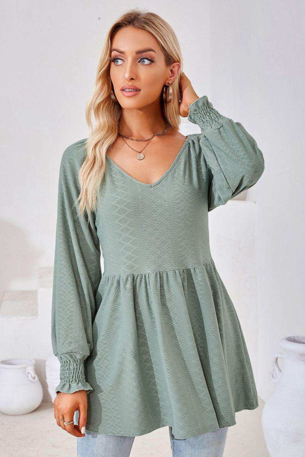 V-Neck Lantern Sleeve Blouse - Trendsi - Flyclothing LLC