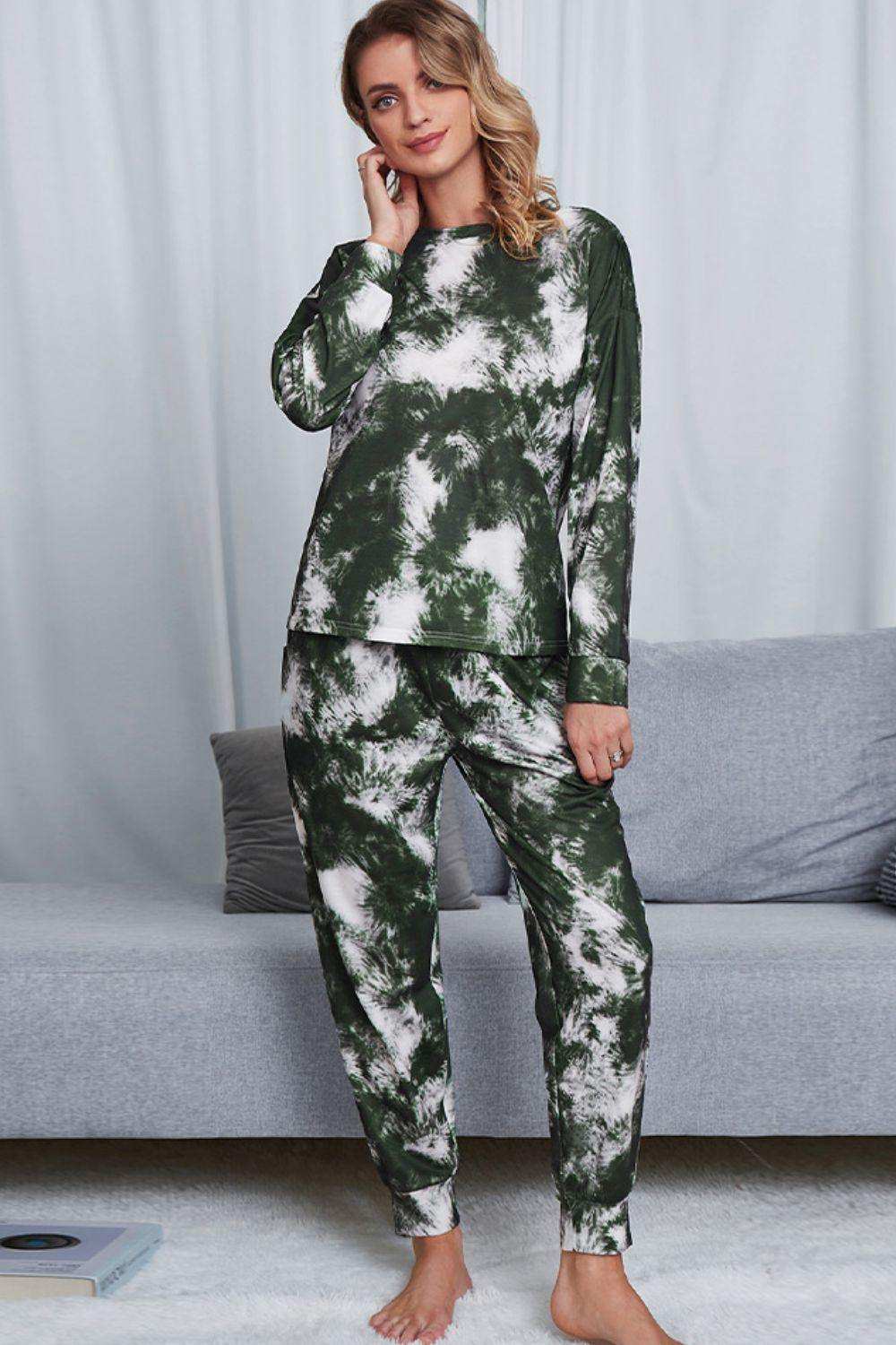 Tie-Dye Crewneck Top and Drawstring Waist Joggers Lounge Set - Flyclothing LLC