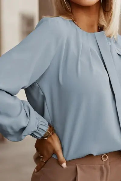 Button Up Round Neck Long Sleeve Shirt - Trendsi - Flyclothing LLC
