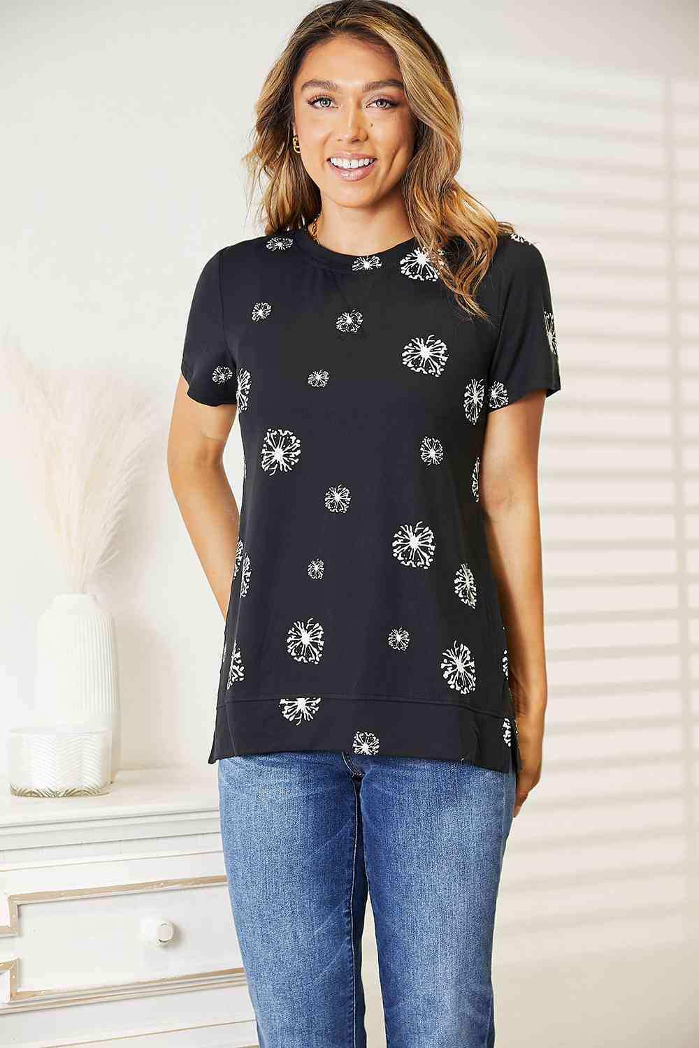 Double Take Dandelion Print Round Neck T-Shirt - Trendsi - Flyclothing LLC