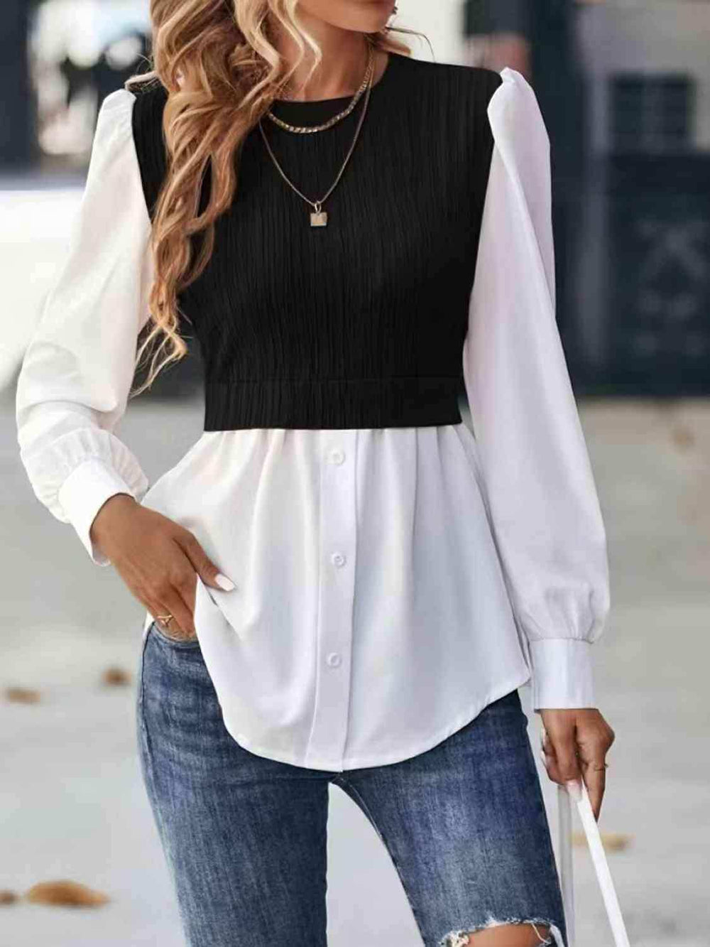 Contrast Round Neck Puff Sleeve Blouse - Trendsi - Flyclothing LLC