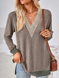Crochet Contrast V-Neck Long Sleeve Slit T-Shirt - Trendsi - Flyclothing LLC