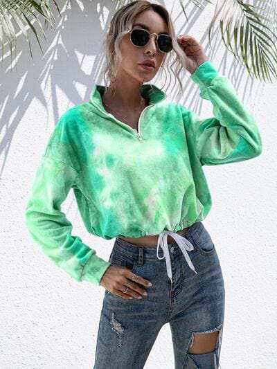 Tie-Dye Quarter Zip Dropped Shoulder Sweatshirt - Trendsi - Flyclothing LLC