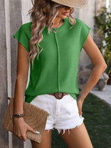 Rolled Cap Sleeve Round Neck Sweater Vest - Trendsi - Flyclothing LLC