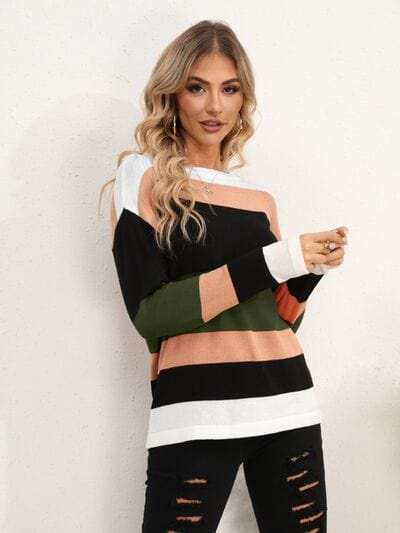Striped Round Neck Dropped Shoulder Sweater - Trendsi - Flyclothing LLC