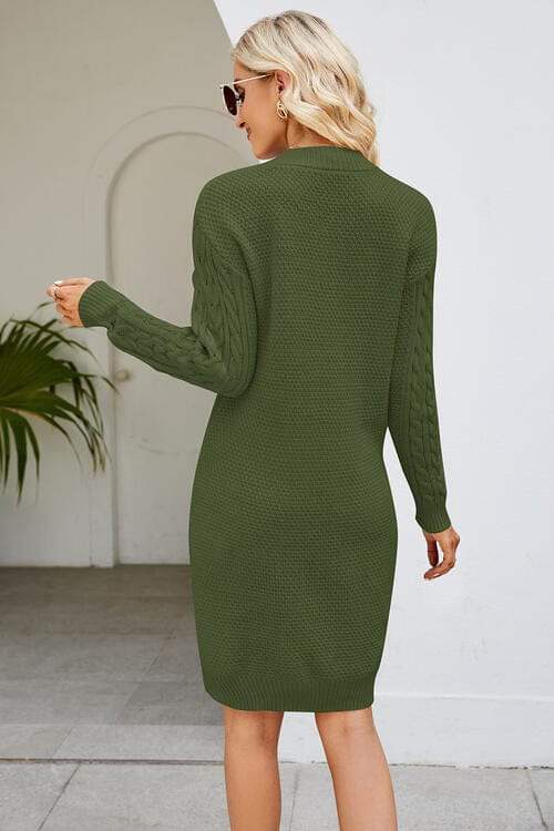 Cable-Knit Long Sleeve Sweater Dress - Trendsi - Flyclothing LLC