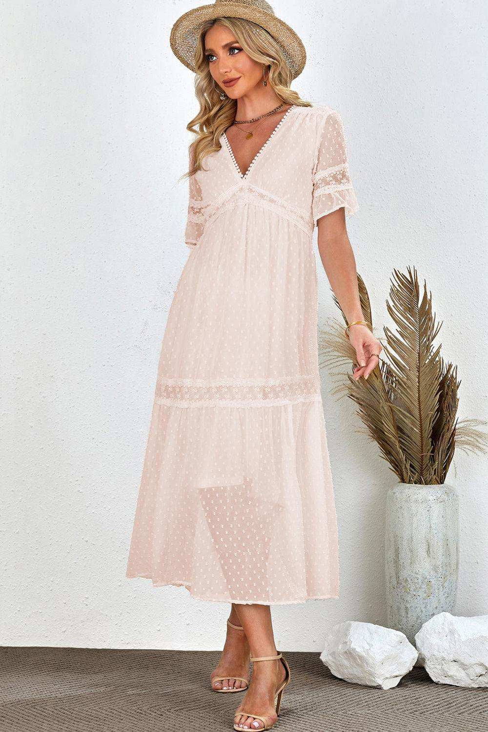 Swiss Dot V-Neck Short Sleeve Midi Dress - Trendsi - Flyclothing LLC