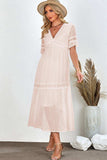 Swiss Dot V-Neck Short Sleeve Midi Dress - Trendsi - Flyclothing LLC