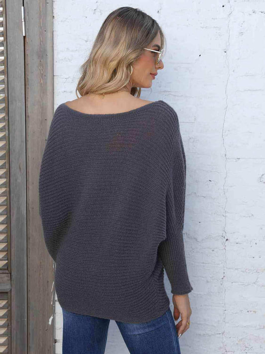 Full Size Horizontal Ribbing Dolman Sleeve Sweater - Trendsi - Flyclothing LLC