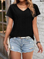 Eyelet V-Neck Short Sleeve T-Shirt - Trendsi