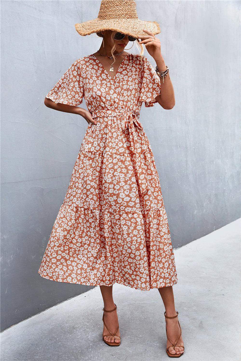 Printed V-Neck Flutter Sleeve Belted Dress - Trendsi - Flyclothing LLC