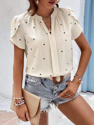 Heart Print Notched Petal Sleeve Blouse - Trendsi - Flyclothing LLC