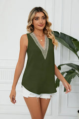 Contrast Trim Plunge Sleeveless Blouse - Trendsi - Flyclothing LLC
