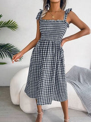 Frill Plaid Square Neck Midi Dress - Trendsi