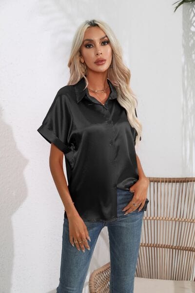 Collared Neck Short Sleeve Shirt - Trendsi