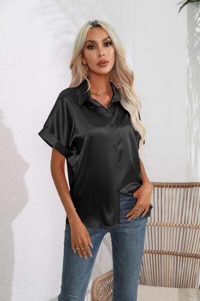 Collared Neck Short Sleeve Shirt - Trendsi - Flyclothing LLC