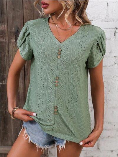 Eyelet V-Neck Petal Sleeve T-Shirt - Trendsi