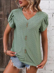 Eyelet V-Neck Petal Sleeve T-Shirt - Trendsi