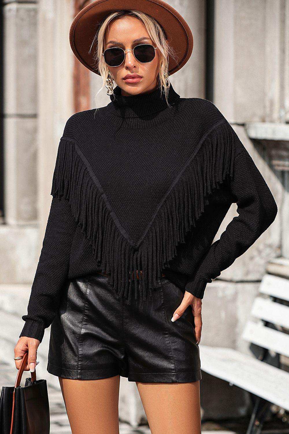 Turtle Neck Tassel Front Long Sleeve Pullover Sweater - Trendsi - Flyclothing LLC
