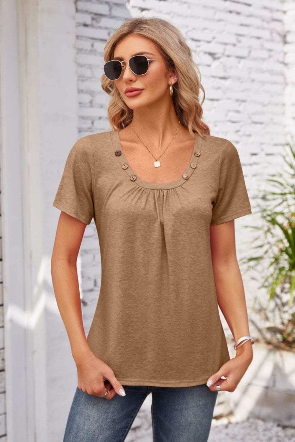 Decorative Button Scoop Neck T-Shirt - Trendsi - Flyclothing LLC