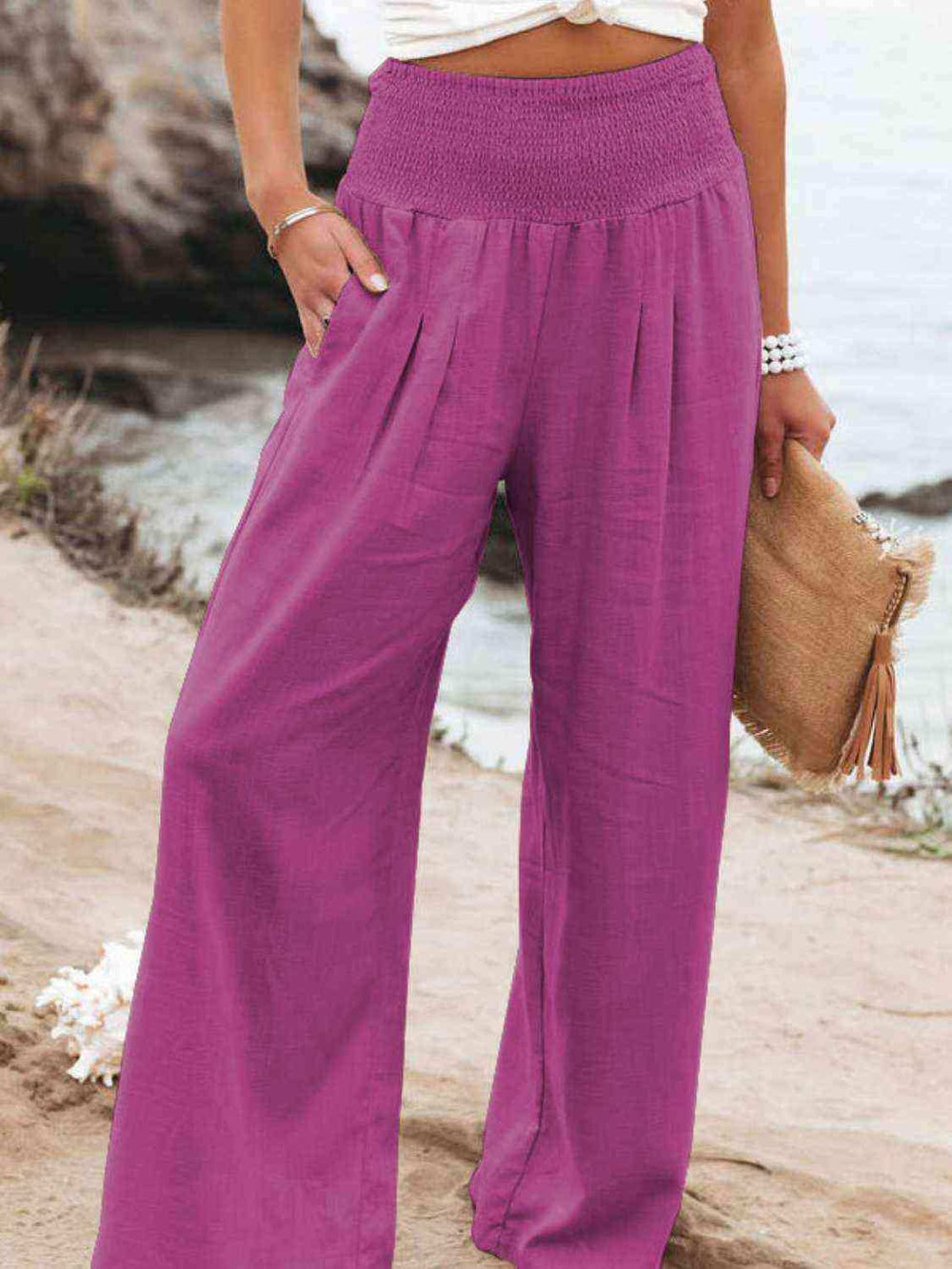 Full Size Smocked Waist Wide Leg Pants - Trendsi - Flyclothing LLC