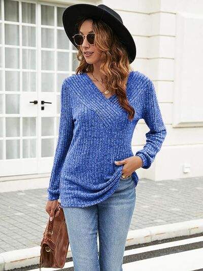 Ribbed Surplice Long Sleeve T-Shirt - Trendsi - Flyclothing LLC
