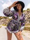 Printed Frill Half Button Balloon Sleeve Romper - Trendsi - Flyclothing LLC