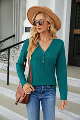 Cable-Knit Long Sleeve V-Neck T-Shirt - Trendsi