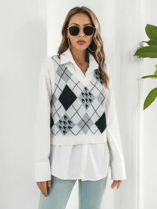 V-Neck Plaid Sweater Vest - Trendsi - Flyclothing LLC